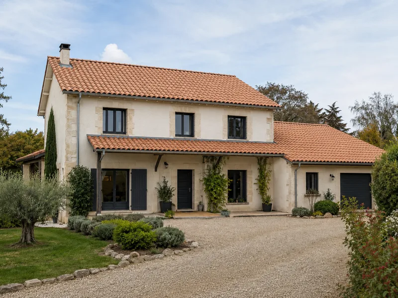 Même maison après rénovation de toiture, tuiles neuves uniformes (illustration générée par IA)