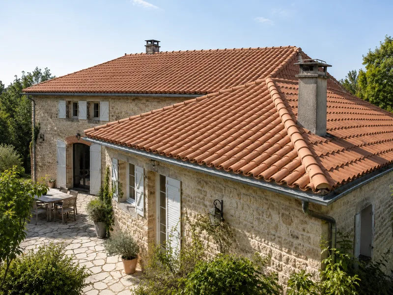 Même ferme après réfection de toiture, tuiles neuves (illustration générée par IA)