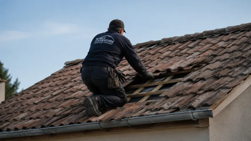 Couvreur remplaçant une tuile sur une toiture
